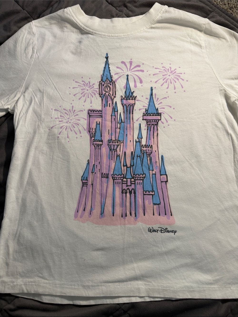 White T-Shirt with Pink & Blue Castle Graphic